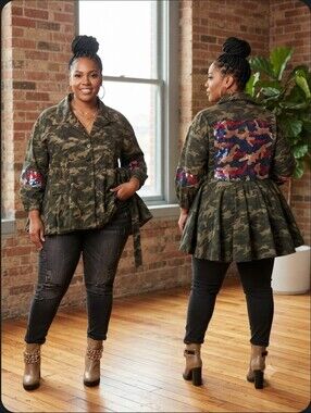 NWT Eien Camo Peplum Jacket with Sequin Back Panel - Sz 1XL